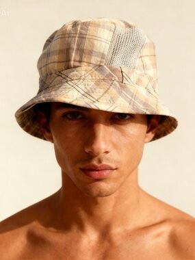 Lightweight Plaid Vented Fedora Hat Bucket Hat Tan, Neutrals Size Large